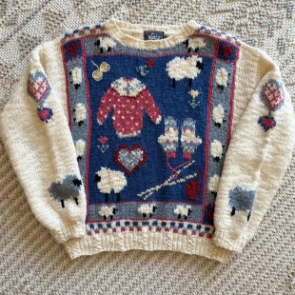 1980s Vintage Woolrich Women’s Handknit Sheep Sweater Grandmacore Cottage core